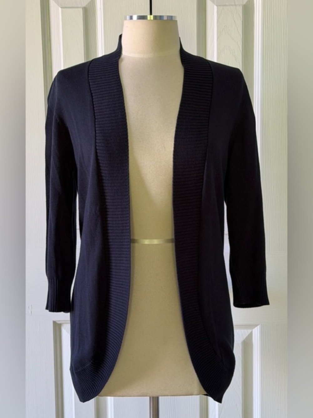 Verve Ami Navy Blue Open Front Cardigan Ribbed Trim 3/4 Sleeve Size M